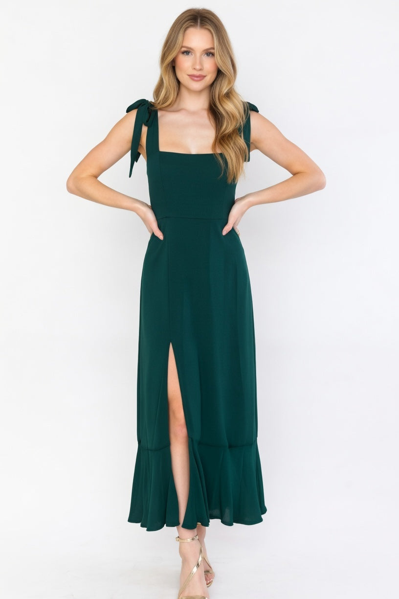 Lace-Up Ruffle Dress — Dark Green