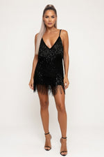 Sequin Tassel Halter Dress — Black