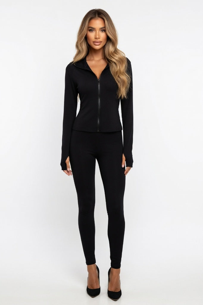V-Neck Zip Co-ord Set — Black