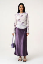 Satin Side Slit Midi Skirt — Purple