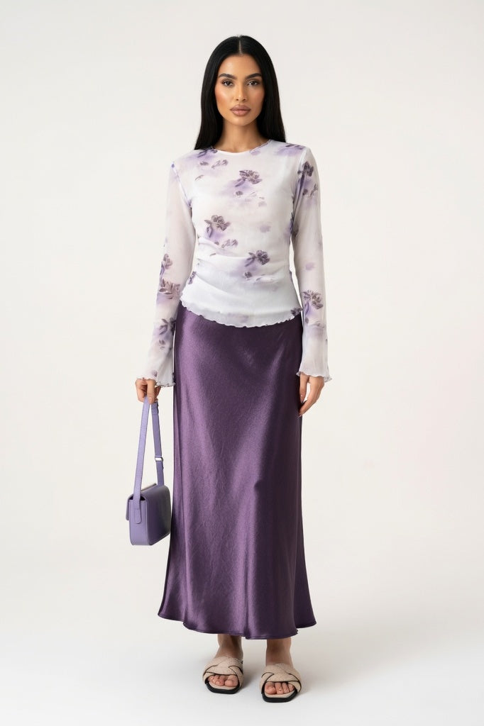 Satin Side Slit Midi Skirt — Purple