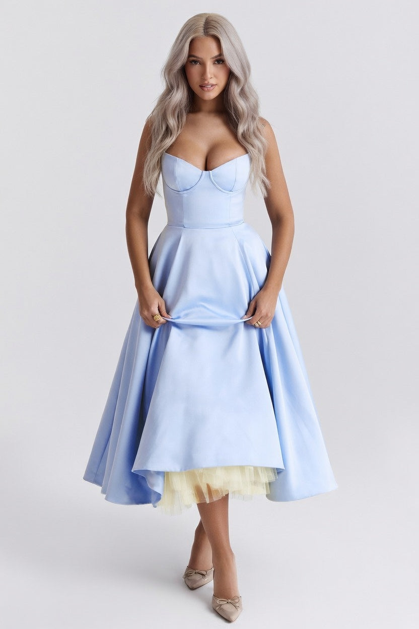 Mesh Double Layer Halter Dress — Light Blue