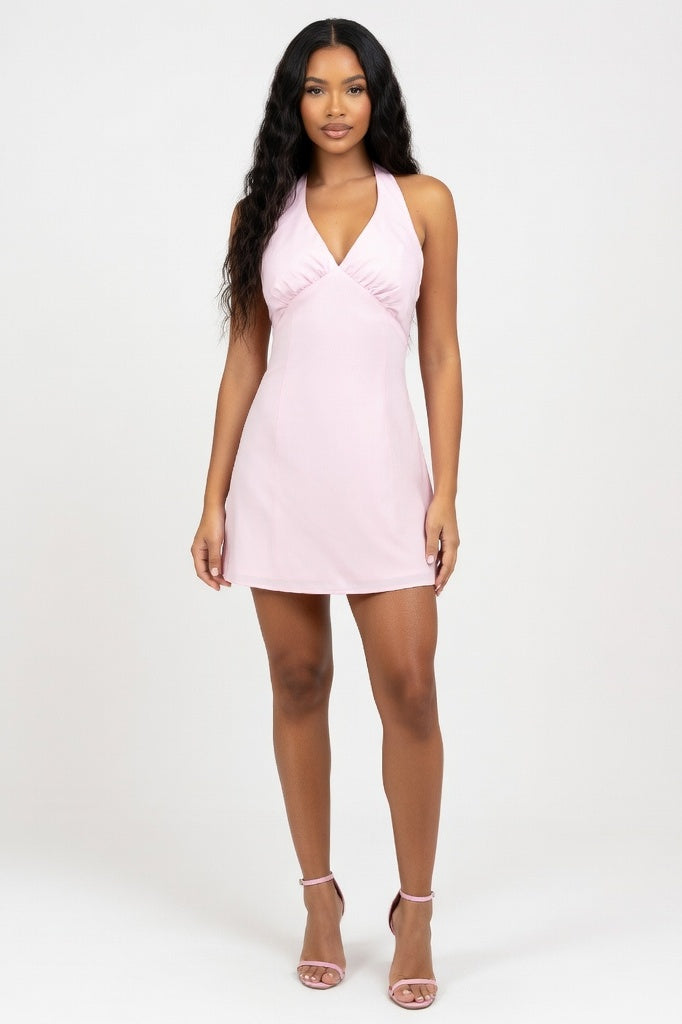 Satin Lace-Up Backless Dress — Pink