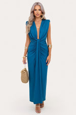 Satin V-Neck Pleated Sleeveless Dress — Blue
