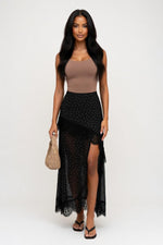 Polka Dot Lace Splice Maxi Skirt — front view