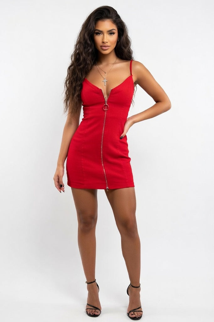 Ring-Pull Zip Bodycon Dress — Red