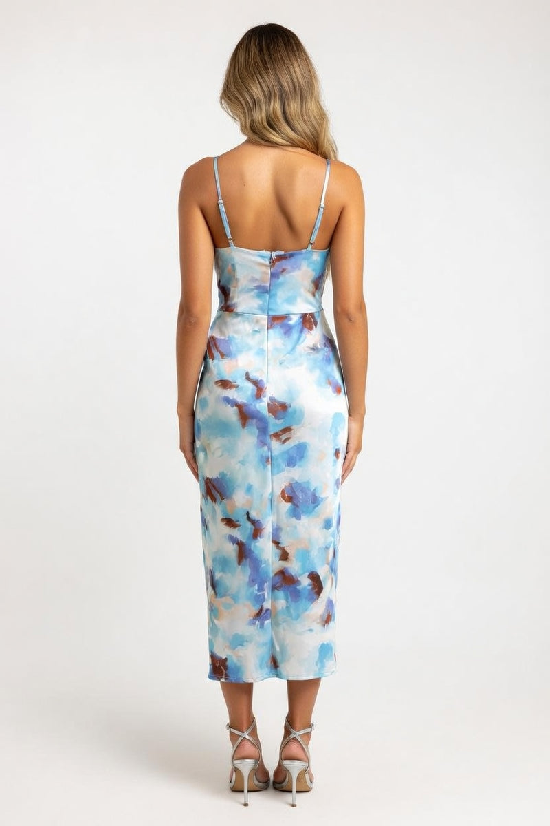 Contrast Print Pleated Mini Dress — back view