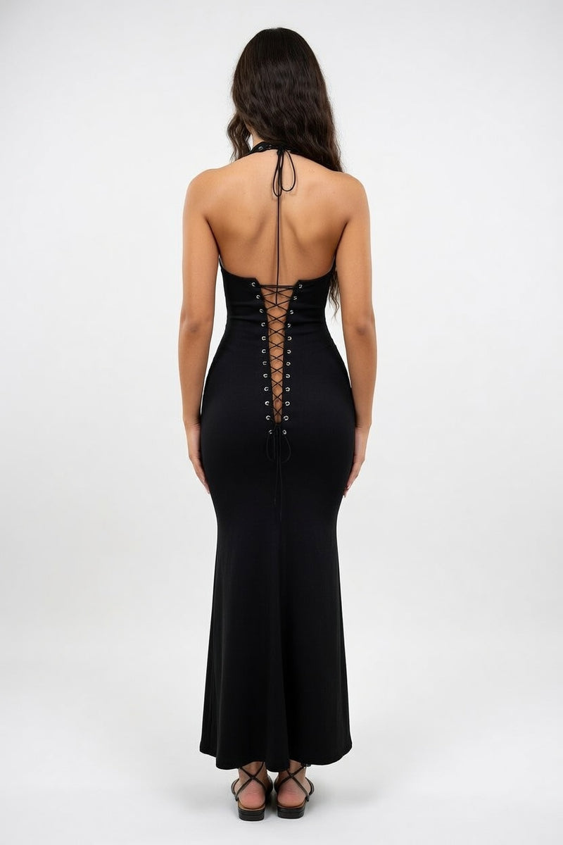 Halter Cross-Strap Backless Dress — back view