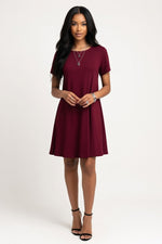 Short Sleeve Mini Dress — Burgundy