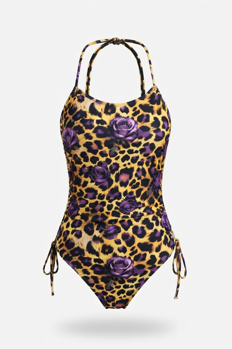 Leopard Print Halter Swimsuit — Rose Floral