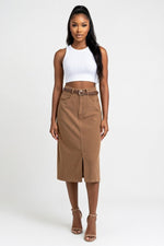 Belted Denim A-Line Skirt — Khaki