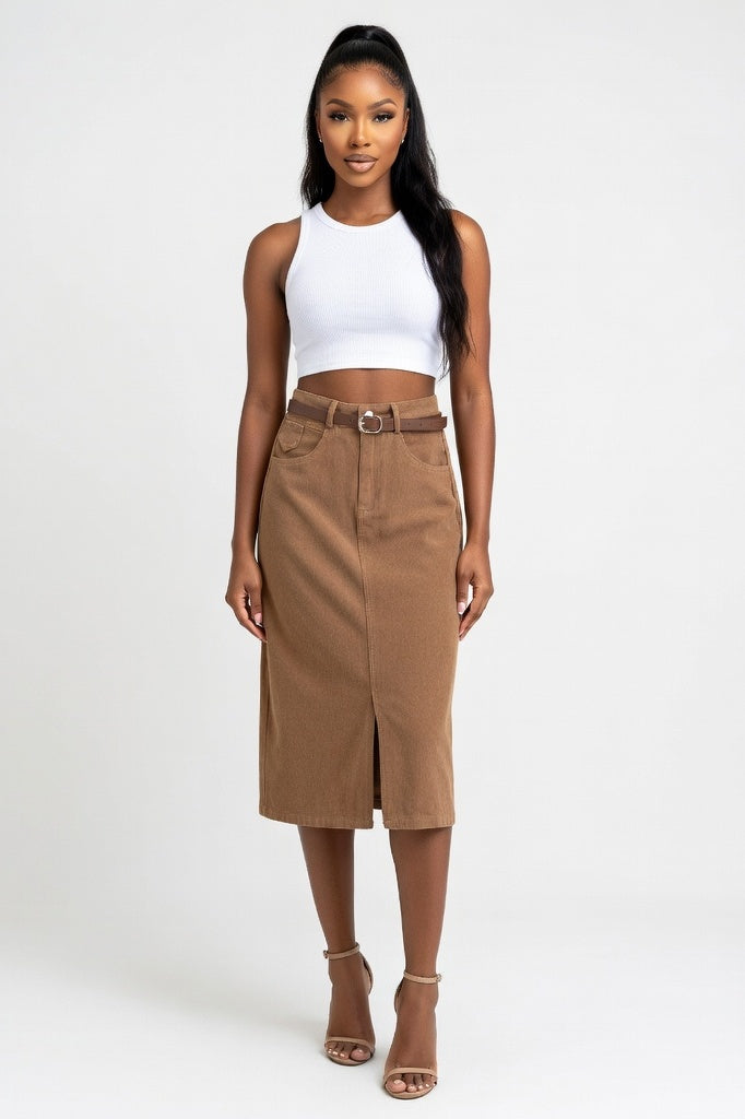 Belted Denim A-Line Skirt — Khaki