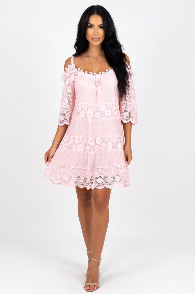 Off-Shoulder Lace Cami Dress — Pink
