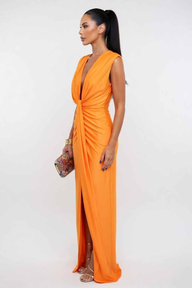 Satin V-Neck Pleated Dress — side view