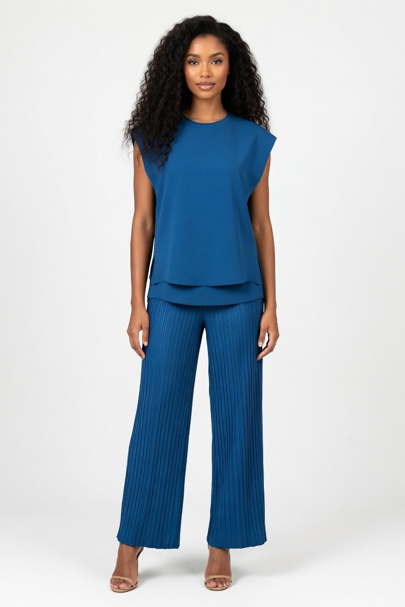 Knitted Co-ord Set Sleeveless Vest + Wide Leg Trousers — Peacock Blue