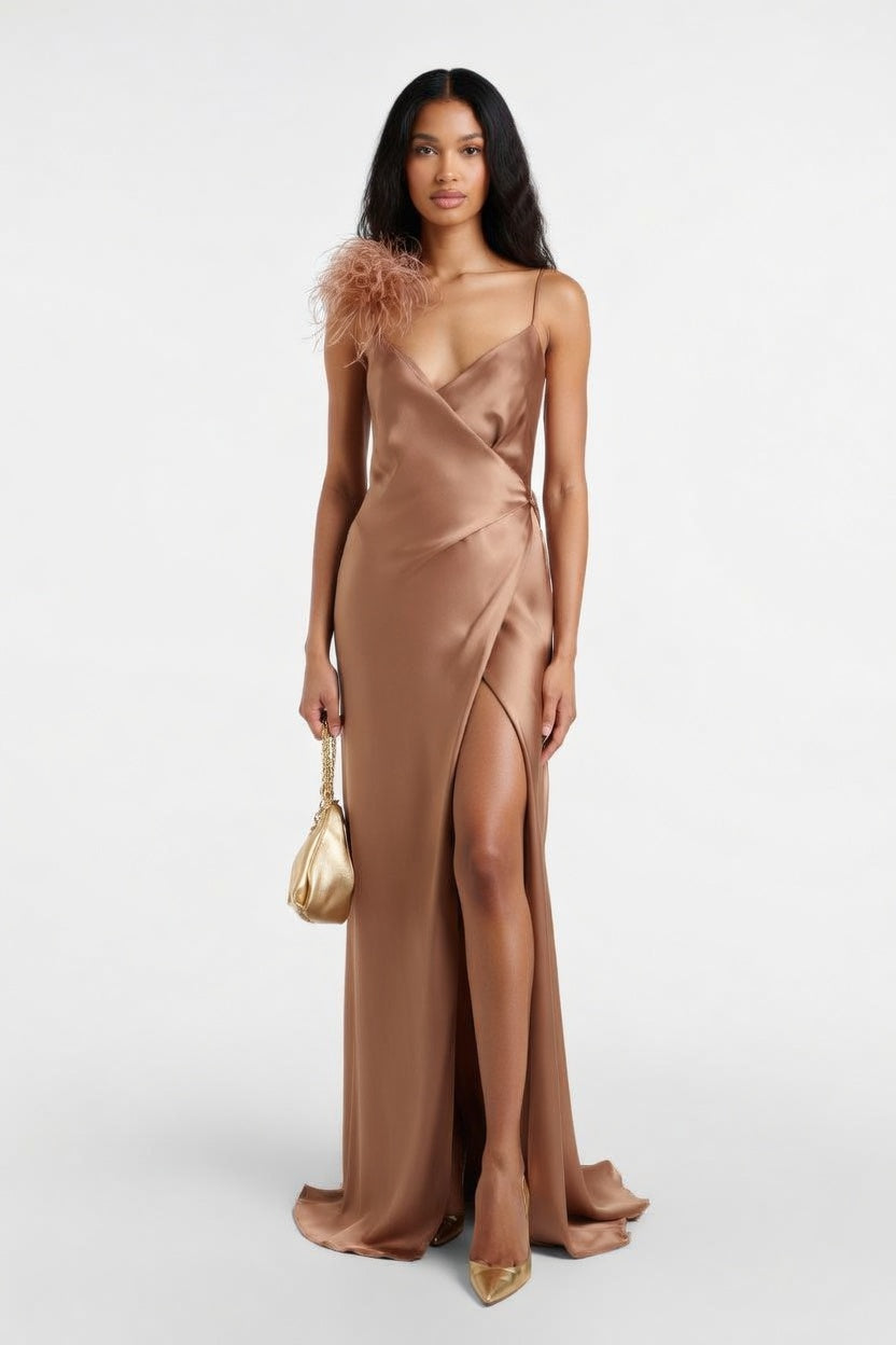 Backless Satin Wrap Dress — front view