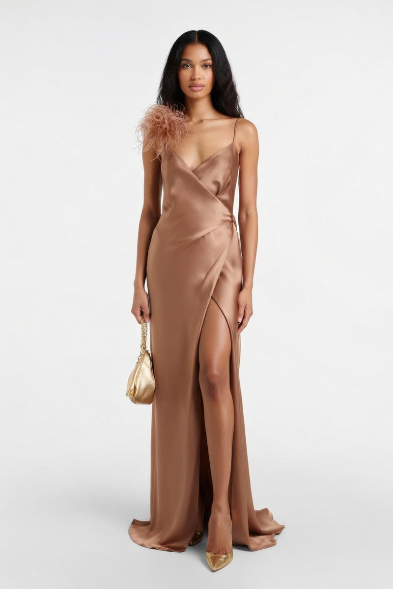 Backless Satin Wrap Dress — front view