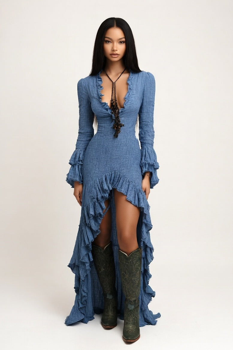 Pleated Ruffle Midi Dress — Blue
