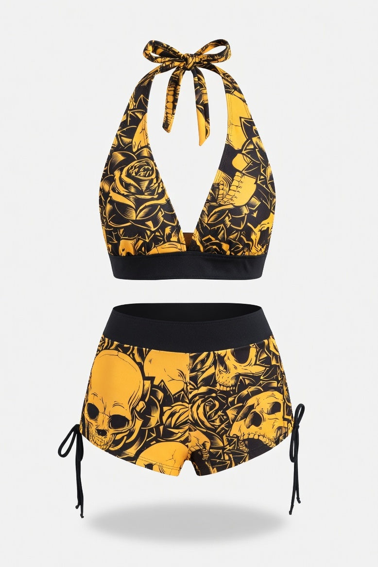 Skull Print One-Piece Swimsuit — Lemon Yellow