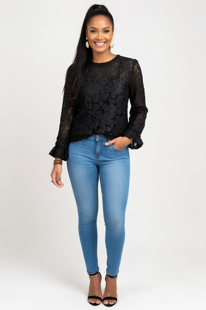 Lace Bell Sleeve Top — Black