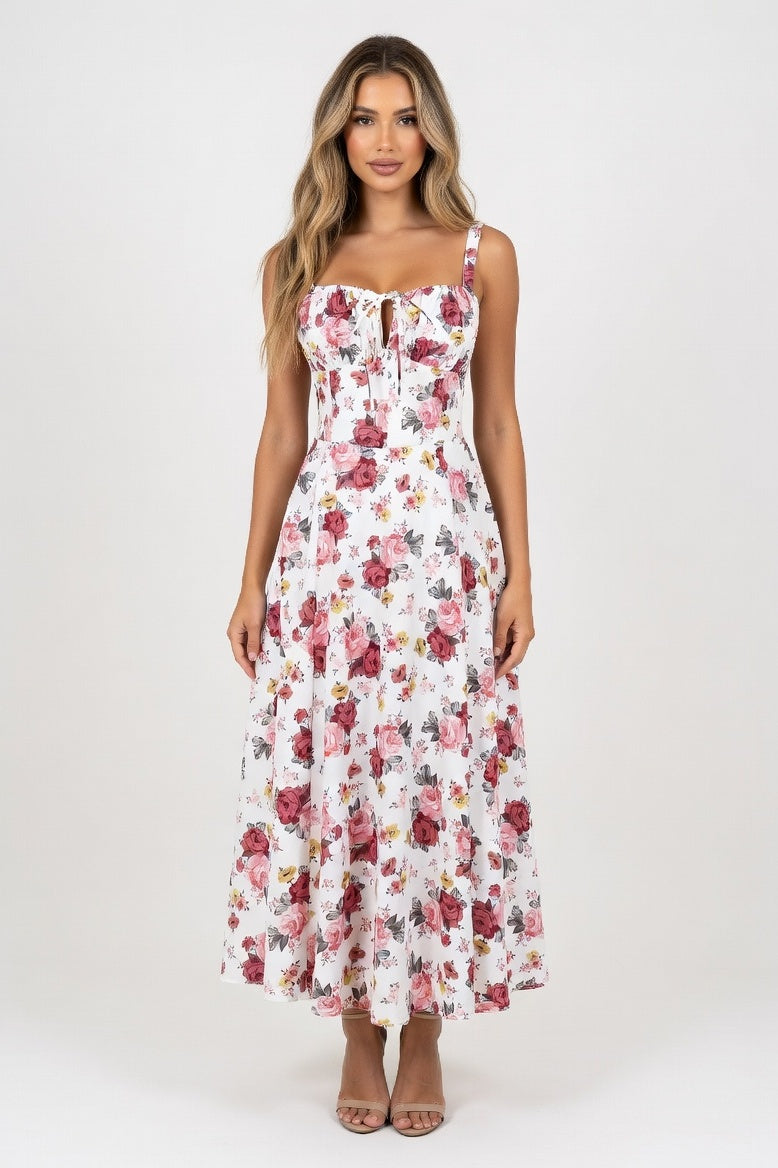 Printed Strappy Midi Dress — Dried Rose