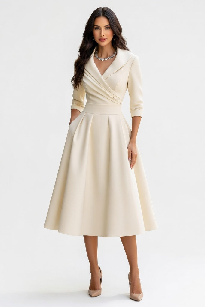 Satin Lapel Shirt Dress — Off White
