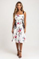 Printed Halter Dress with O-Ring Detail — Red Floral