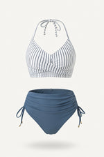 Drawstring Bikini Set — Blue Vertical Stripe