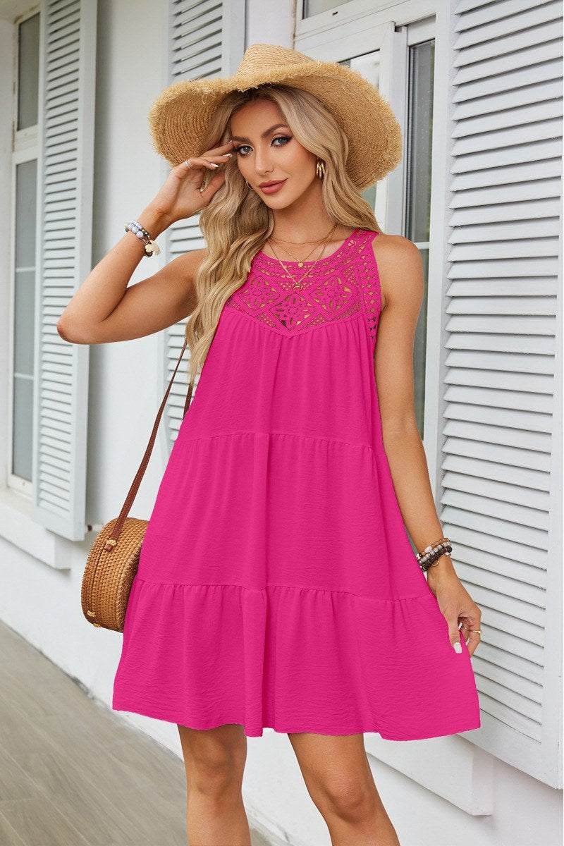 Lace Halterneck A-Line Dress — Rose Red — colour variant