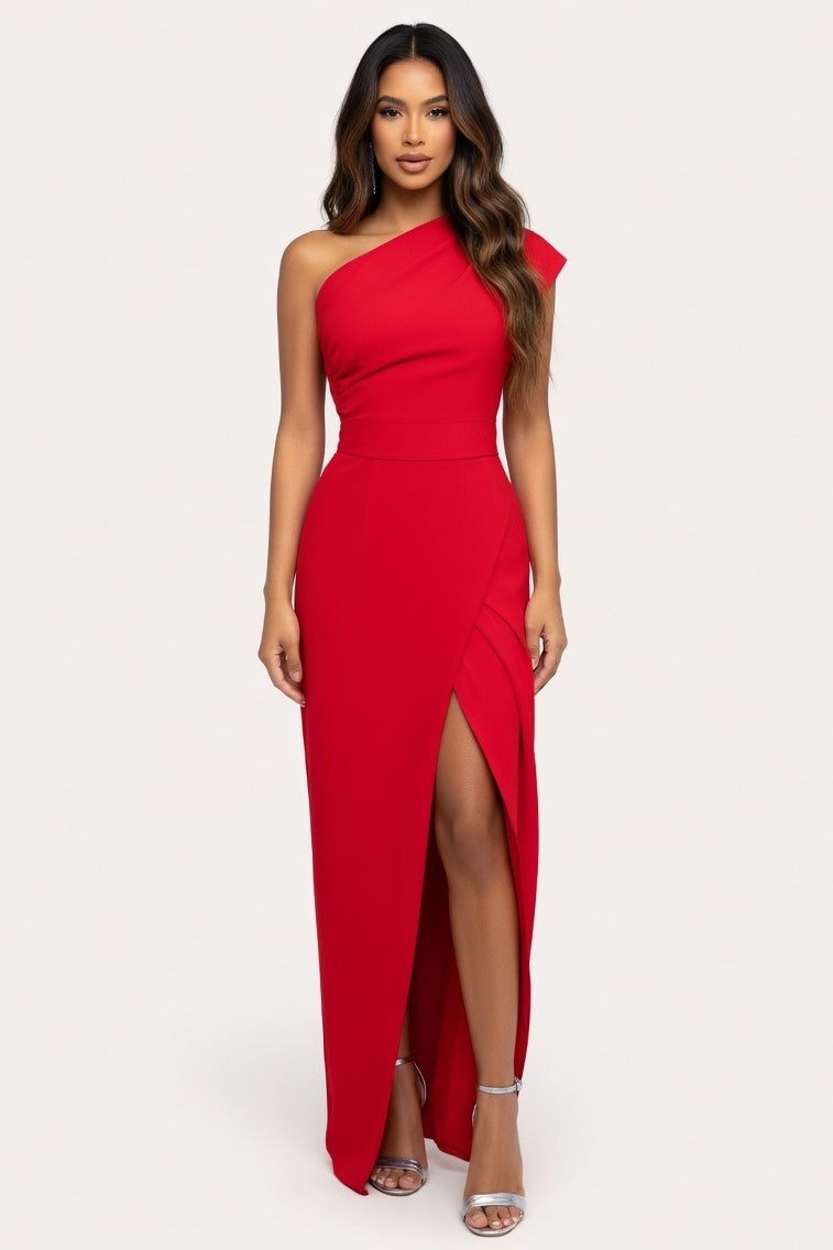 One Shoulder Split Dress — Red