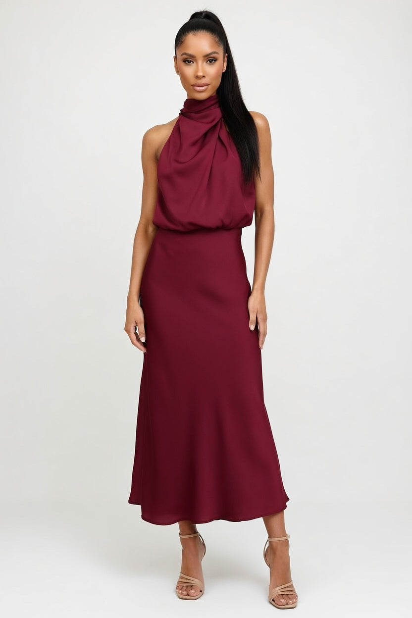 Sleeveless Satin Dress — Burgundy