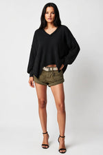 Waffle Knit Off-Shoulder Sweatshirt — front view