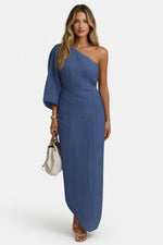 Off-Shoulder Lantern Sleeve Midi Dress — Blue