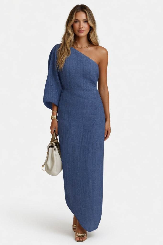Off-Shoulder Lantern Sleeve Midi Dress — Blue