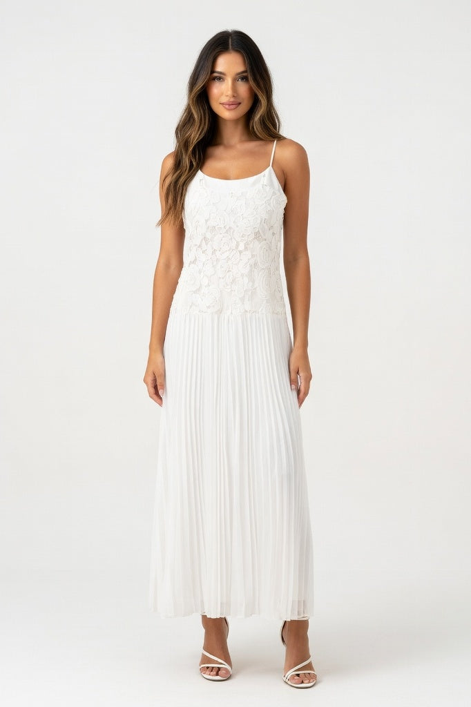 Rose Detail Ruffle Halter Dress — White Long