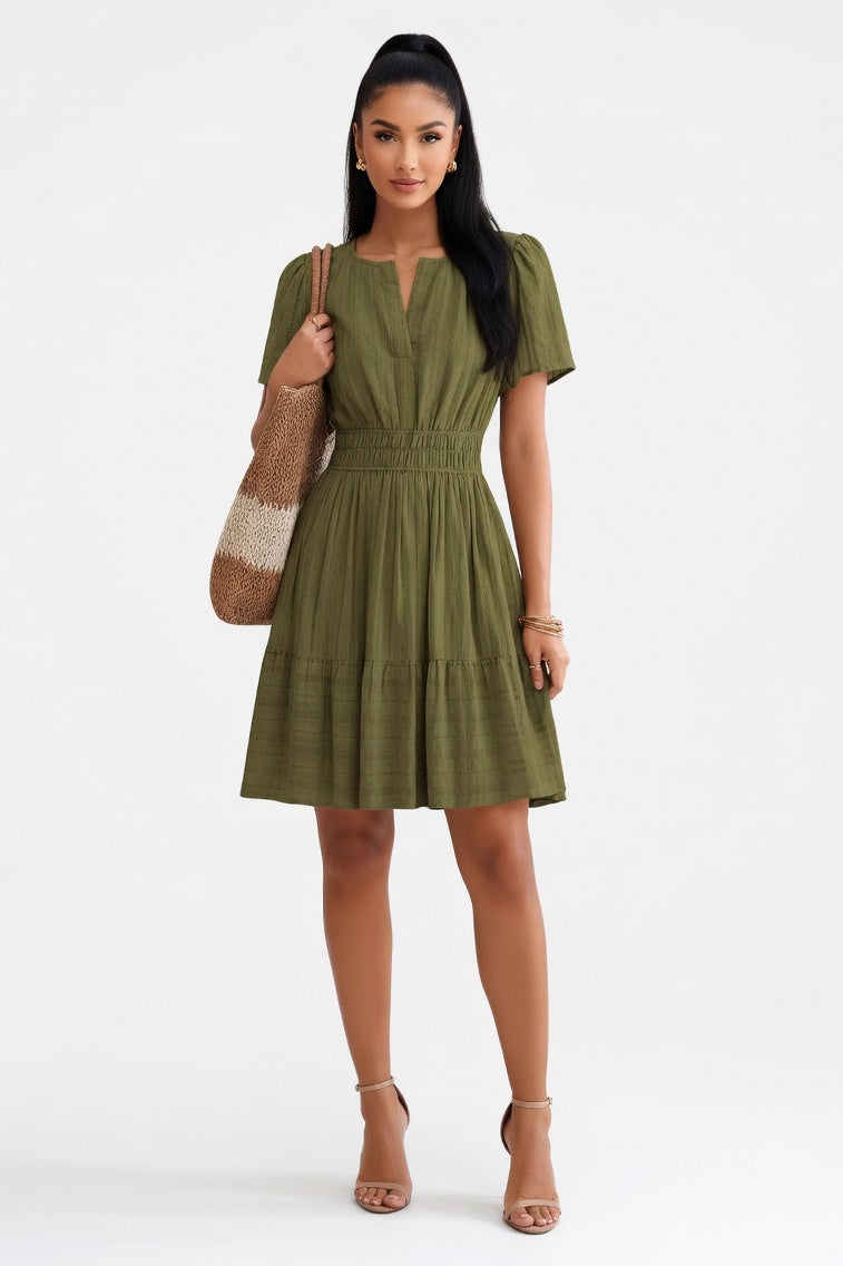 V-Neck Pleated Swing Dress — Army Green