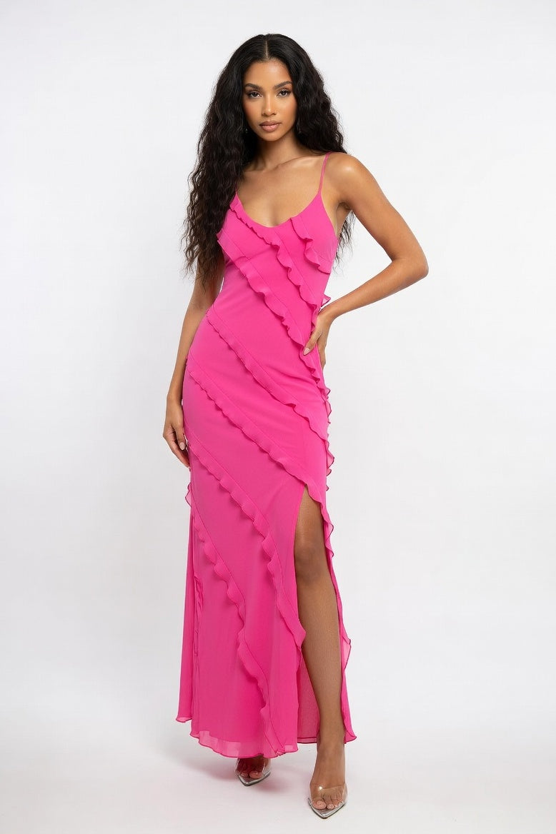 Halter Backless Dress with Side Slit — Rose Pink