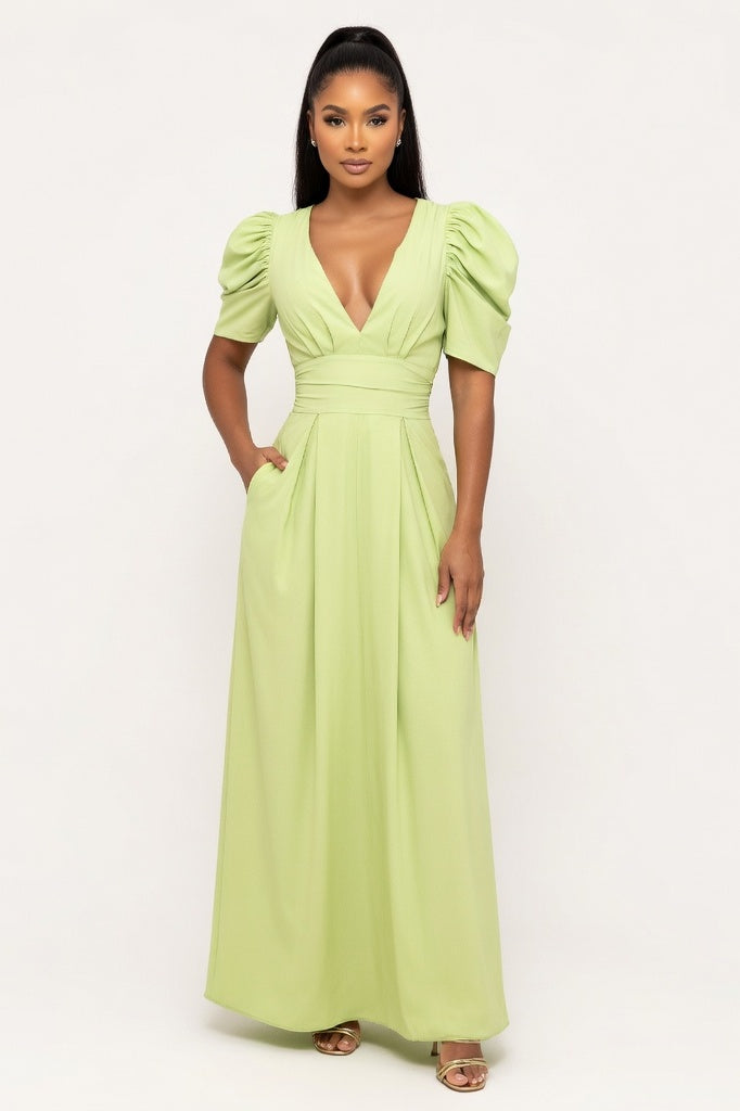 V-Neck Puff Sleeve Wide Leg Jumpsuit — Light Green
