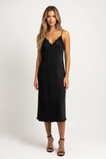 Satin V-Neck Lace Splice Dress — Black