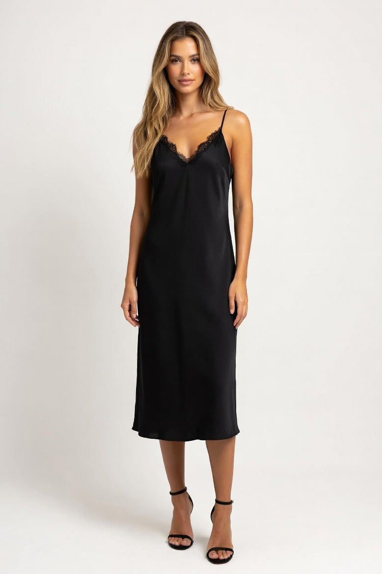 Satin V-Neck Lace Splice Dress — Black