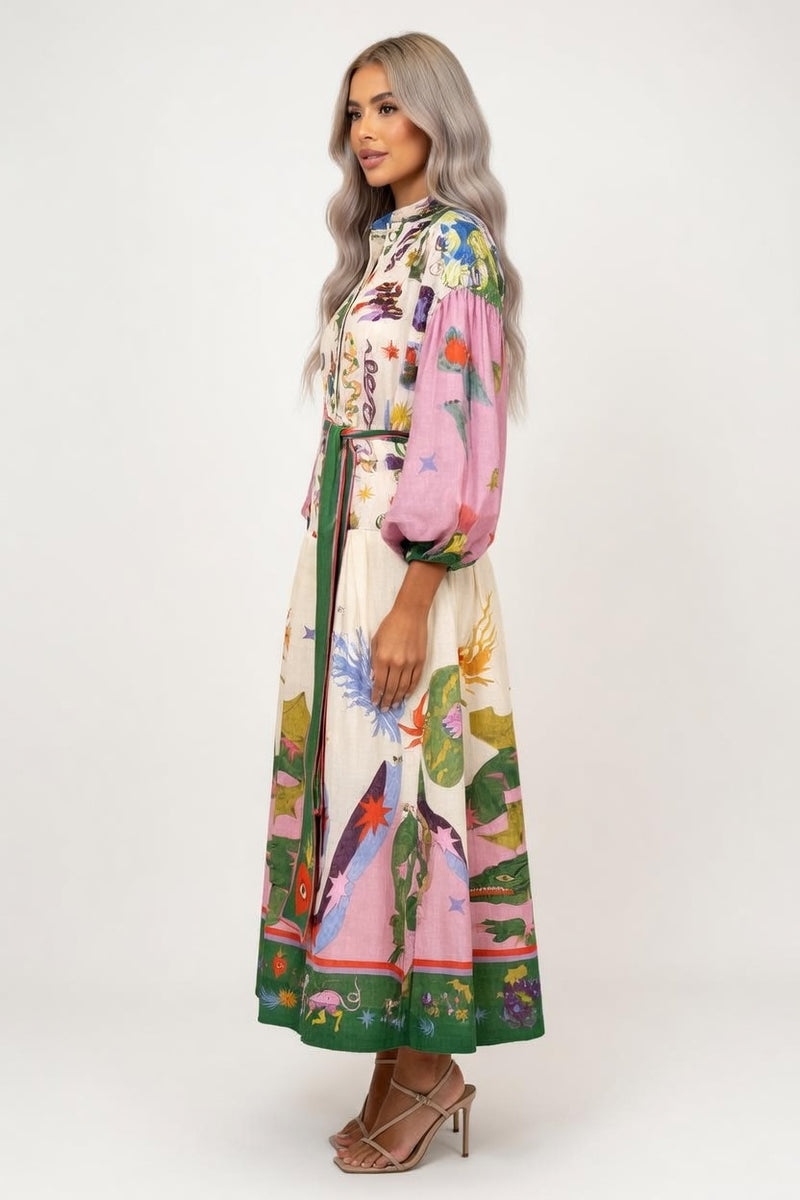 Printed Lace-Up Long Sleeve Dress — side view