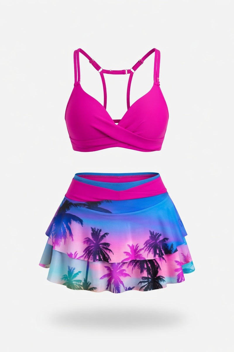 High Waist Ruffle Print Bikini Set — Rose Red