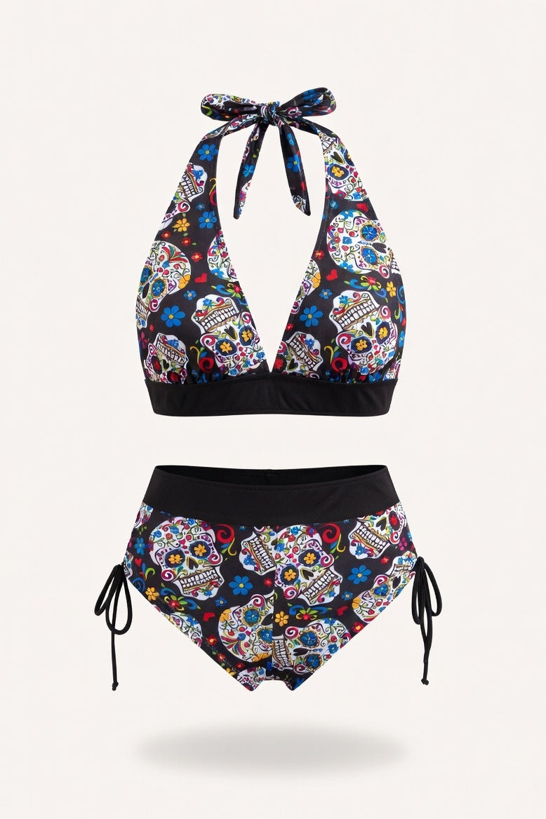 Skull Print One-Piece Swimsuit — Floral Skull