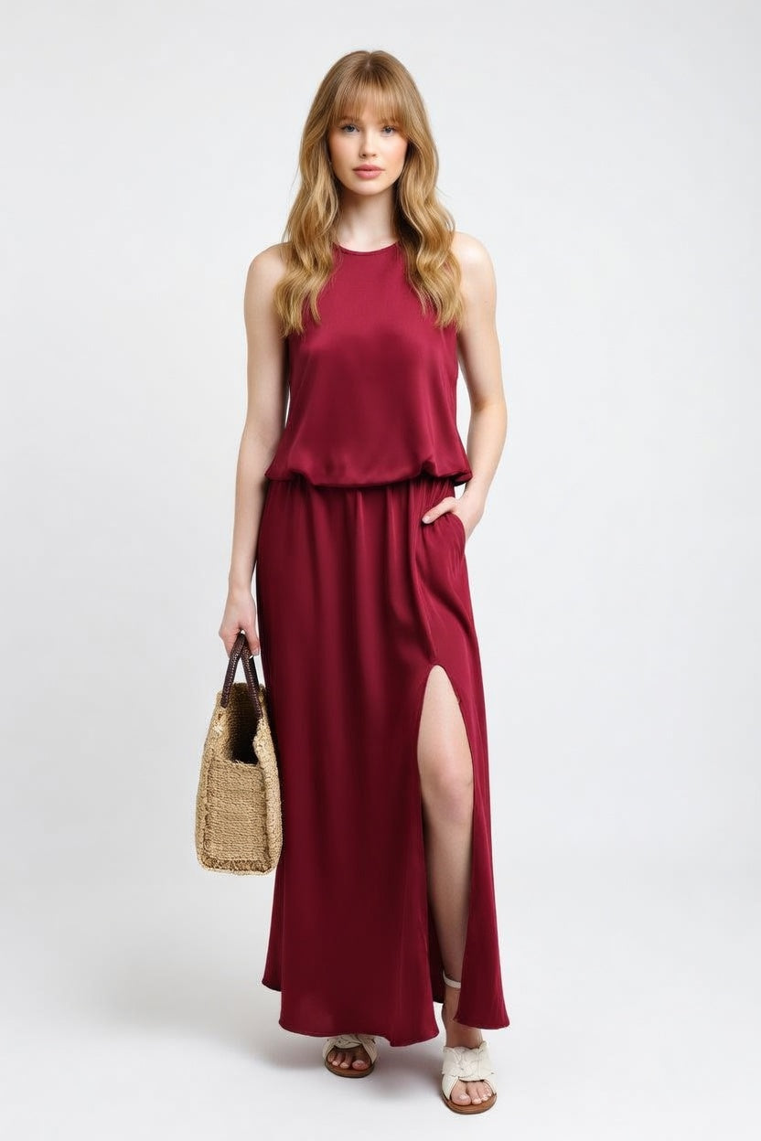 Modal Halter Split Midi Dress — front view