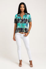 Printed Shirt Lapel Top — Blue Green