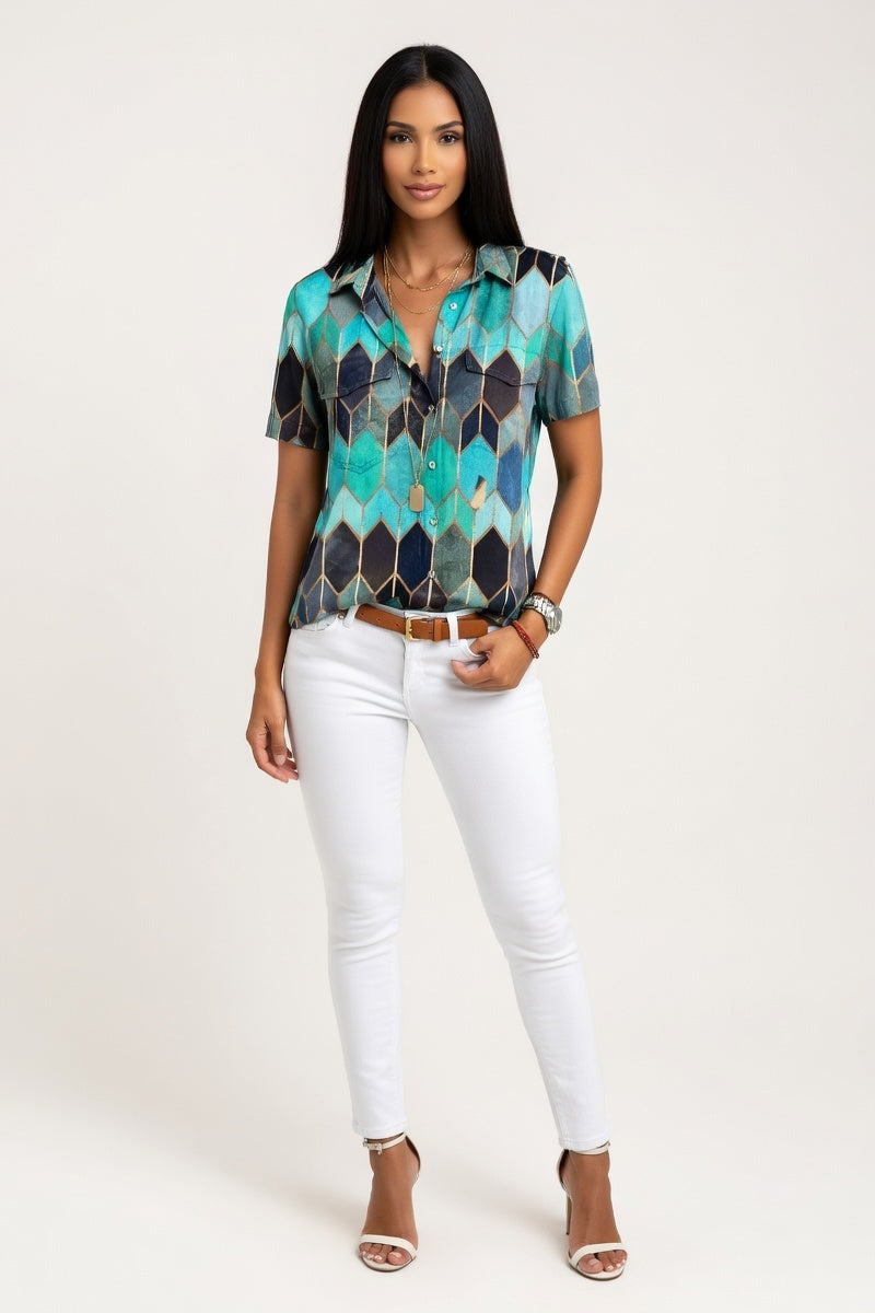 Printed Shirt Lapel Top — Blue Green