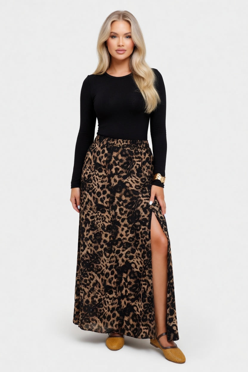 Printed Slit Midi Skirt — Light Brown