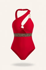 One-Shoulder Cut-Out Swimsuit — Burgundy