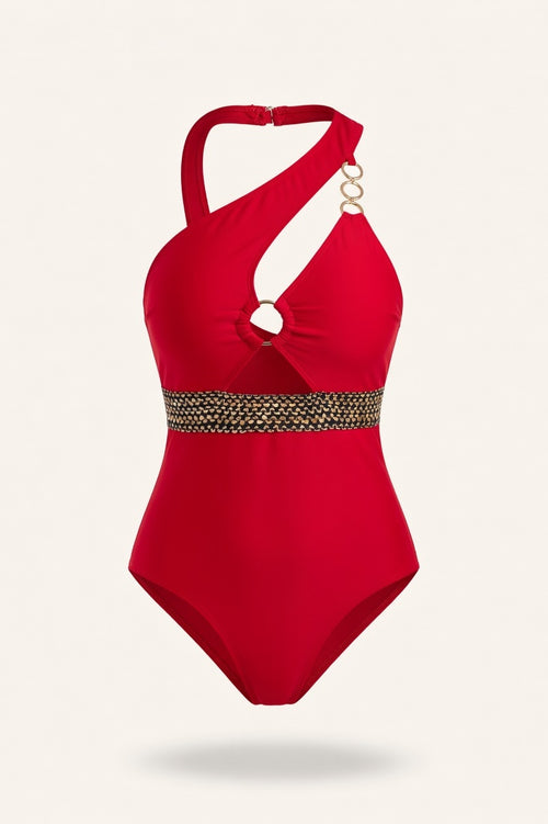 One-Shoulder Cut-Out Swimsuit — Burgundy