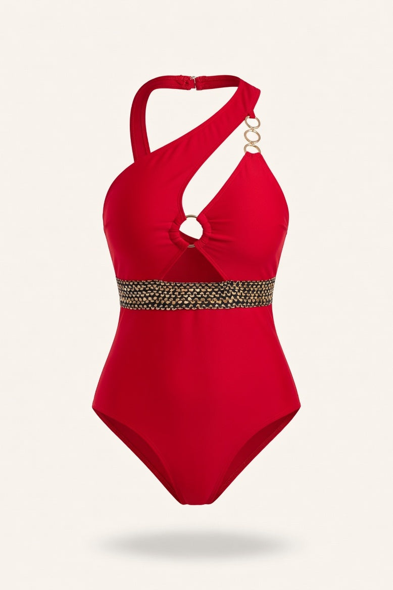 One-Shoulder Cut-Out Swimsuit — Burgundy